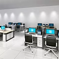 Modern Office Desk With Partition Dividers Computer Monitors And Ergonomic Chairs