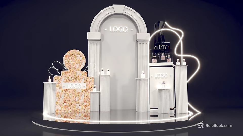 Interactive Zone With White Archway LOGO Display Stands Neon Lights And Decorative Columns 3d model 