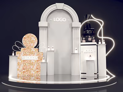 Interactive Zone With White Archway LOGO Display Stands Neon Lights And Decorative Columns 3d model