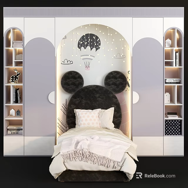 Kids Bedroom With Mickey Mouse Headboard Arched Wall And Hot Air Balloon Decor 3d model 