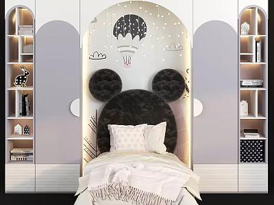 Kids Bedroom With Mickey Mouse Headboard Arched Wall And Hot Air Balloon Decor 3d model