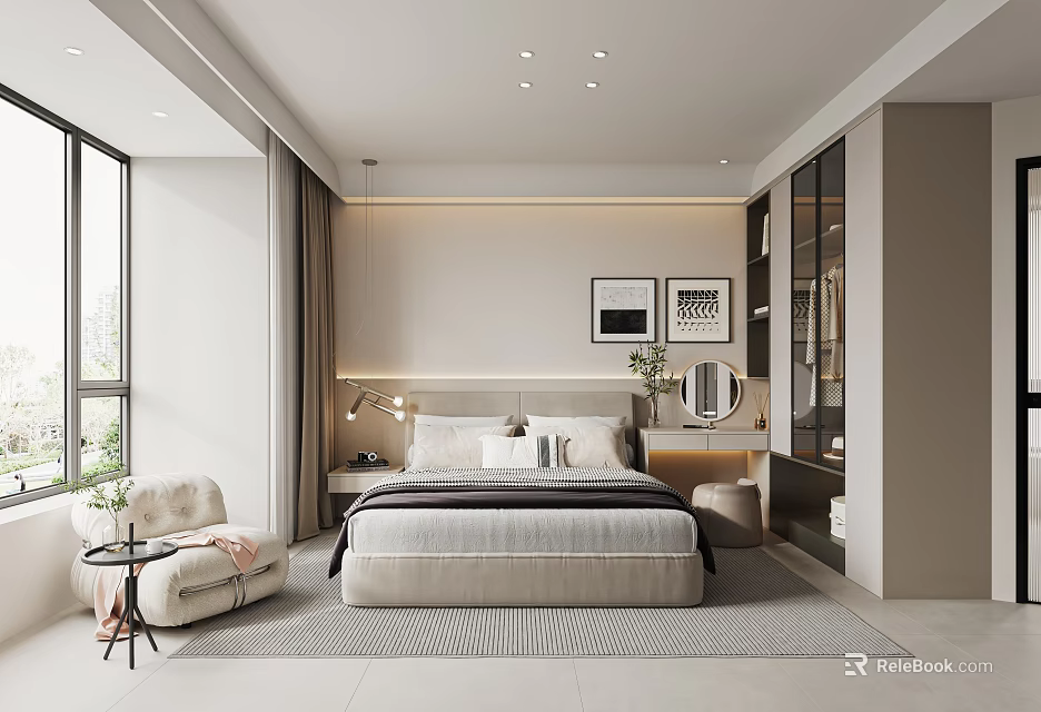 Modern Bedroom Interior With King Bed Bedside Lamps Area Rug And Accent Chair 3d model 