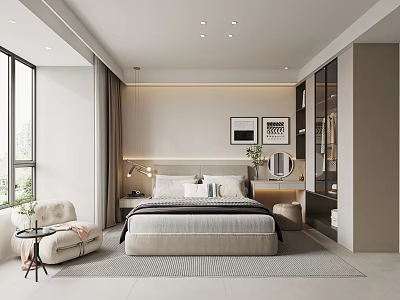 Modern Bedroom Interior With King Bed Bedside Lamps Area Rug And Accent Chair 3d model
