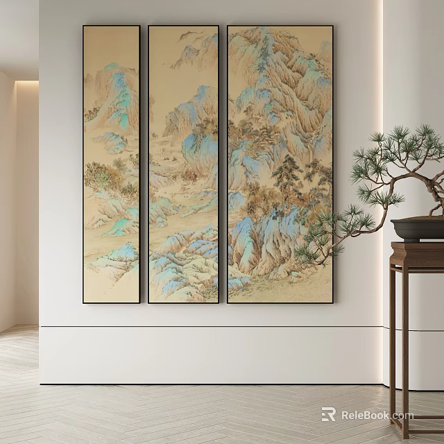 Abstract Landscape Triptych Paintings with Teal Beige Tones and Bonsai Accent on White Wall 3d model 