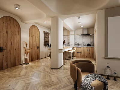 Modern Service Hall With Wooden Doors Herringbone Floors 3d model