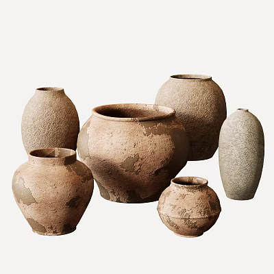 Traditional Handcrafted Ceramic Vessels with Various Sizes Shapes Natural Texture and Earth Tones 3d model