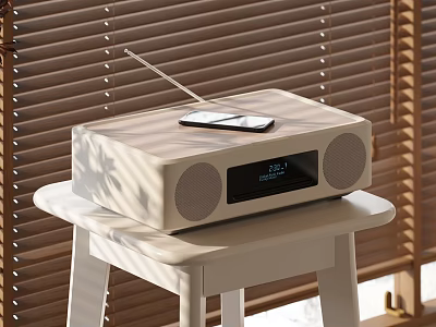 Wooden Stereo Speaker With Mobile Phone On Top And Digital Display On White Table 3d model