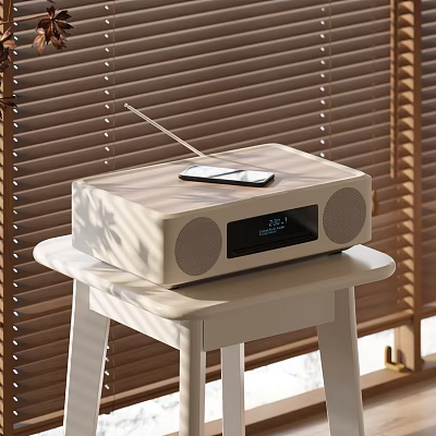Wooden Stereo Speaker With Mobile Phone On Top And Digital Display On White Table 3d model