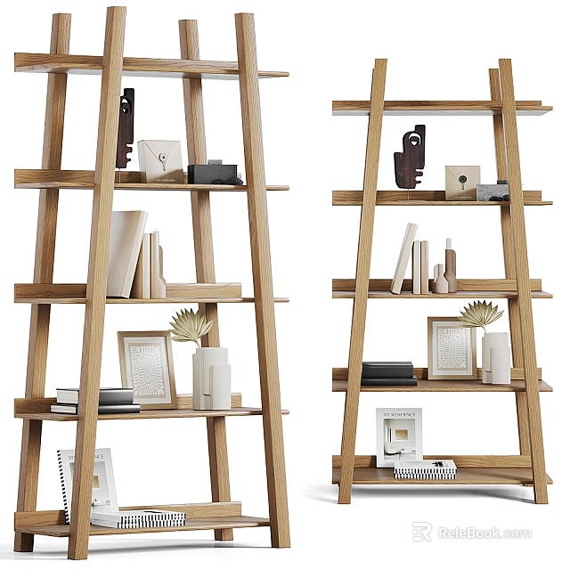 Wooden Shelving Unit with Multiple Layers for Books Frames and Decorative Items in Minimalist Design 3d model 