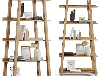 Wooden Shelving Unit with Multiple Layers for Books Frames and Decorative Items in Minimalist Design 3d model