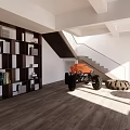 Modern Public Office Space Interior With Desks Computers Bookshelf Pendant Lights And Wooden Flooring