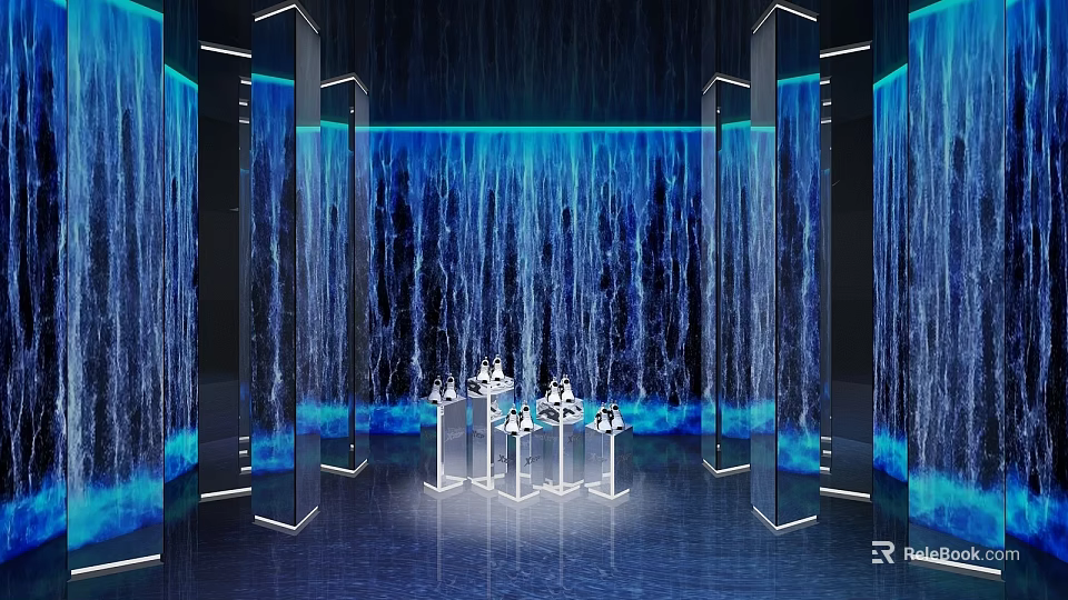 Modern Display Space With Blue Water Curtain Background Transparent Stands And Illuminated Pillars 3d model 