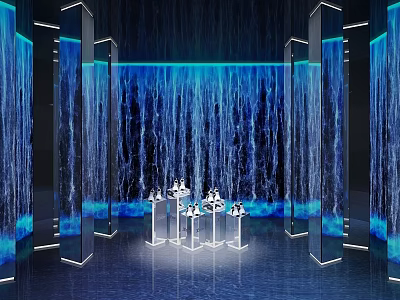 Modern Display Space With Blue Water Curtain Background Transparent Stands And Illuminated Pillars 3d model