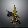 Golden Dragon Statue With Wings Standing On Rock Base And Scaled Body Details