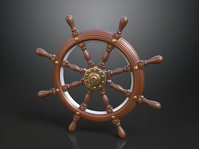 Vintage Wooden Ship Steering Wheel With Brass Accents And Gold Center 3d model