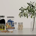 Clear Glass Spice Jars With Nuts Beans Sugar And Olive Branch On White Background