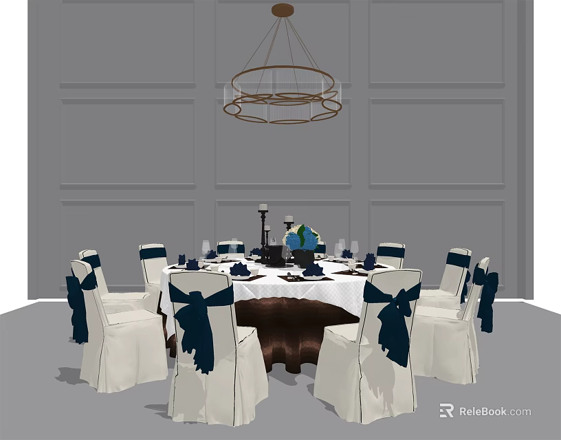 Elegant Round Dining Table With White Chair Covers Navy Blue Bows Tableware And Ceiling Chandelier 3d model 