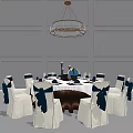 Elegant Round Dining Table With White Chair Covers Navy Blue Bows Tableware And Ceiling Chandelier