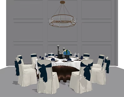 Elegant Round Dining Table With White Chair Covers Navy Blue Bows Tableware And Ceiling Chandelier 3d model