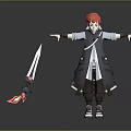 Game Movie Character With Red Hair Wearing Long Dark Coat Holding Sword Arms Outstretched