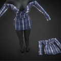 Blue And White Plaid Off The Shoulder Long Sleeve V Neck Short Fitted Waist Dress