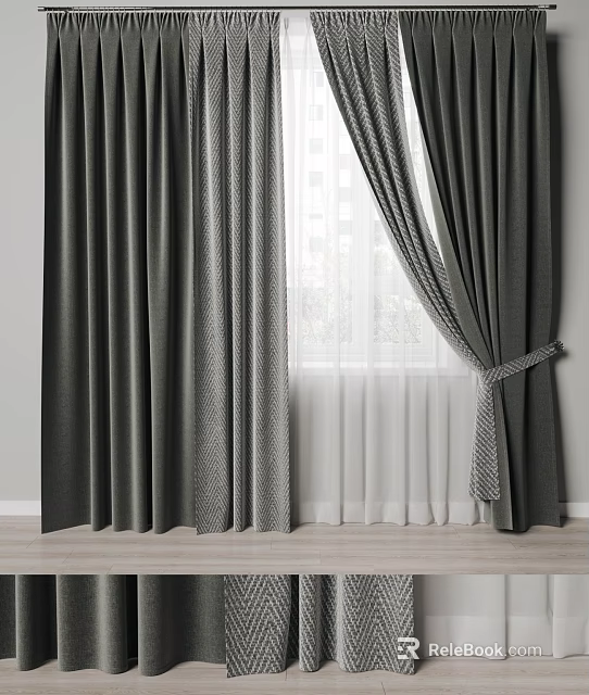 Modern Gray Linen Window Curtains With Sheer Layer And Tieback Detail 3d model 