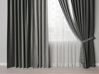 Modern Gray Linen Window Curtains With Sheer Layer And Tieback Detail 3d model
