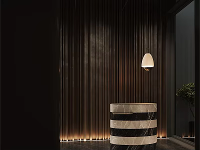 Modern Luxury Store Front Desk With Marble Counter Wooden Wall And Pendant Light 3d model