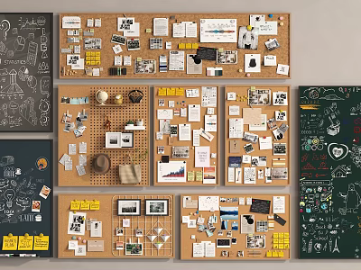 Decorative Cork Board Wall Hangings With Photos Notes And Papers 3d model