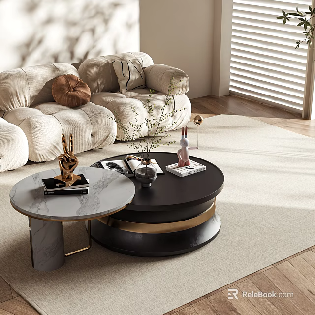 Elegant Modern Sofa and Coffee Table Set With Marble Top Black Frame and Decorative Items 3d model