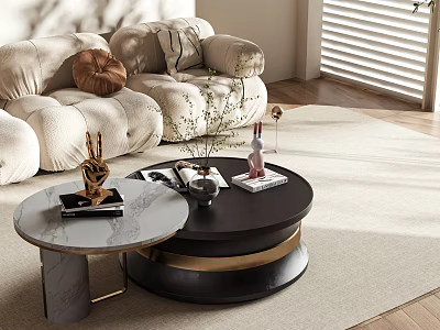 Elegant Modern Sofa and Coffee Table Set With Marble Top Black Frame and Decorative Items 3d model