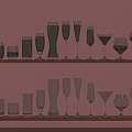Assorted Ceramic Vessels Arranged on Two Rows of Wooden Shelves Against Pink Background Wall
