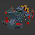 Sci Fi Mechanical Robot 3D Model With Gray Red Yellow Accents And Weapon Appendages 3d model
