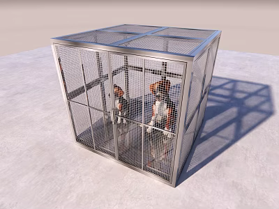 Cube Shaped Metallic Cage Decorative Ornament Set With Two Dolls Inside 3d model