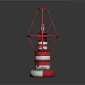 Red And White Lighthouse Model With Metal Frame And Round Base On Dark Reflective Surface