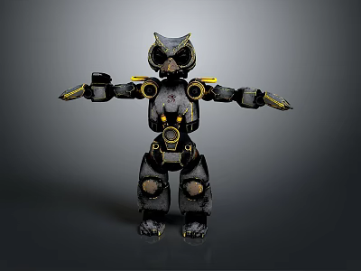 Detailed Owl Head Robot Game Movie Character With Black Gold Mechanical Design Features 3d model