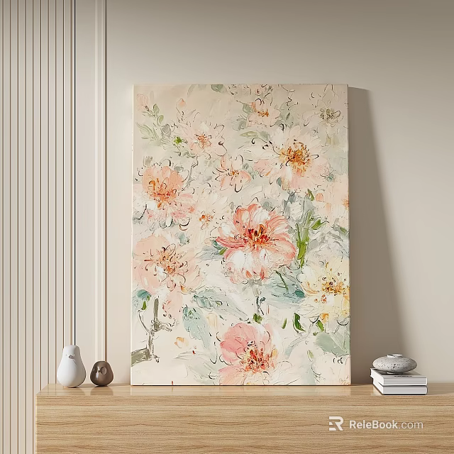 Soft Pink Yellow Floral Oil Painting With Light Background Hanging On Wall 3d model 