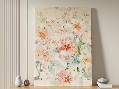 Soft Pink Yellow Floral Oil Painting With Light Background Hanging On Wall 3d model