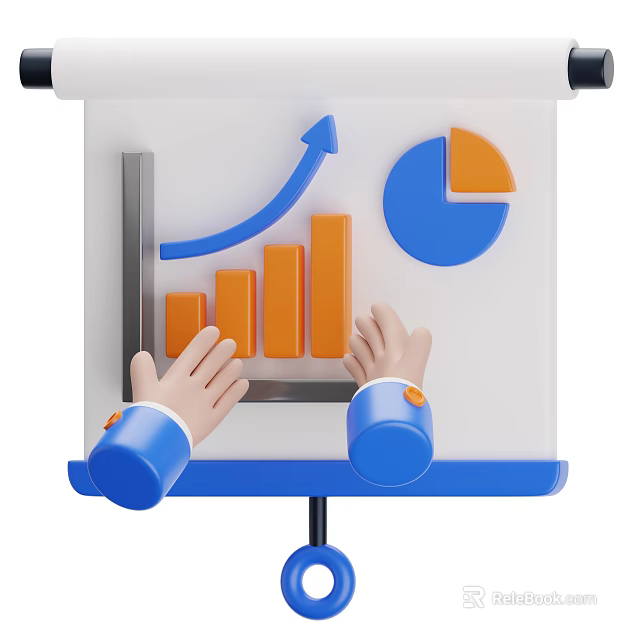 Decorative Ornament Set Featuring Whiteboard With Blue Line Chart Orange Bar Chart And Pie Chart 3d model 
