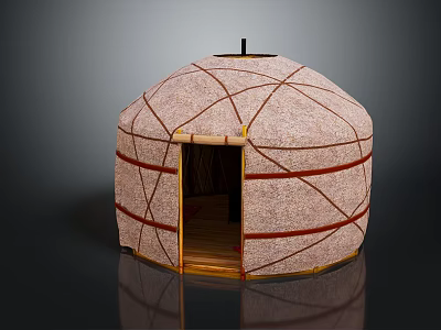 Traditional Dome Shaped Yurt With Fabric Cover Red Straps And Wooden Door Structure 3d model