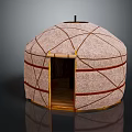 Traditional Dome Shaped Yurt With Fabric Cover Red Straps And Wooden Door Structure