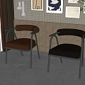 Stylish Dining Chairs With Brown Black Leather Upholstery And Black Metal Frame Against Perforated Wall