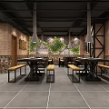 Industrial Style Restaurant Interior With Brick Walls Wooden Tables And Hanging Lights