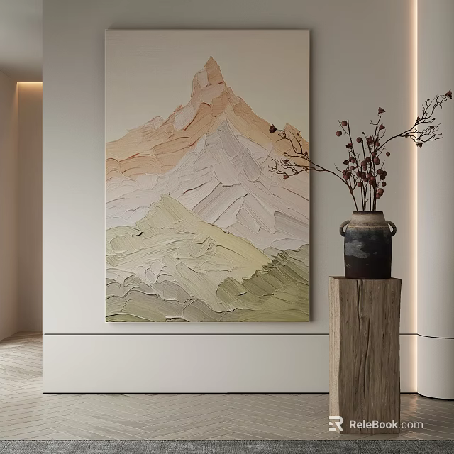 Modern Abstract Painting with Warm Tones Mountain Shapes Textured Brushstrokes and Decorative Accents 3d model 