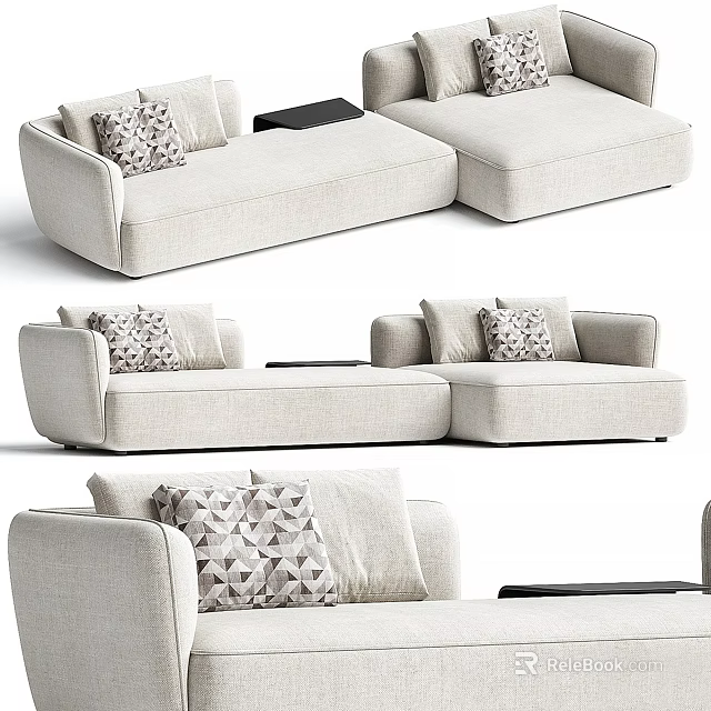 Modern Beige L shaped Sectional Sofa With Patterned Pillows And Black Tray Table 3d model 