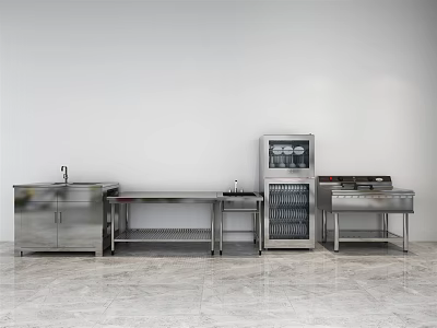 Stainless Steel Modern Kitchen Appliances With Workbench Counter Sink And Refrigerator 3d model