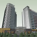 Twin Modern Office Buildings With Glass Facade Red Accents And Signage