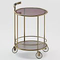 Elegant Serving Cart With Gold Frame Round Glass Top Wooden Shelf And Wheels
