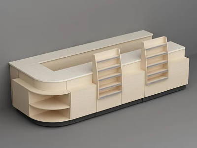 Sleek Modern Cashier Counter Design With Wooden Shelves And Storage Drawers 3d model