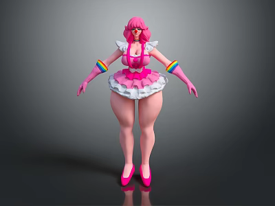 3D Model Female Character With Pink Hair Rainbow Sleeves And Frilly White Dress 3d model